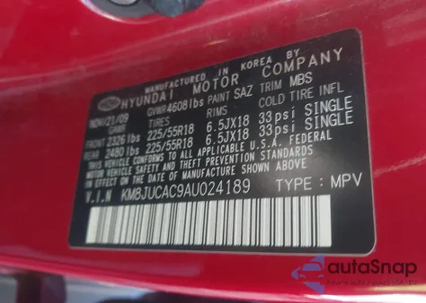 2010 Hyundai Tucson Limited z USA, uszkodzony, nr VIN KM8JUCAC9AU024189